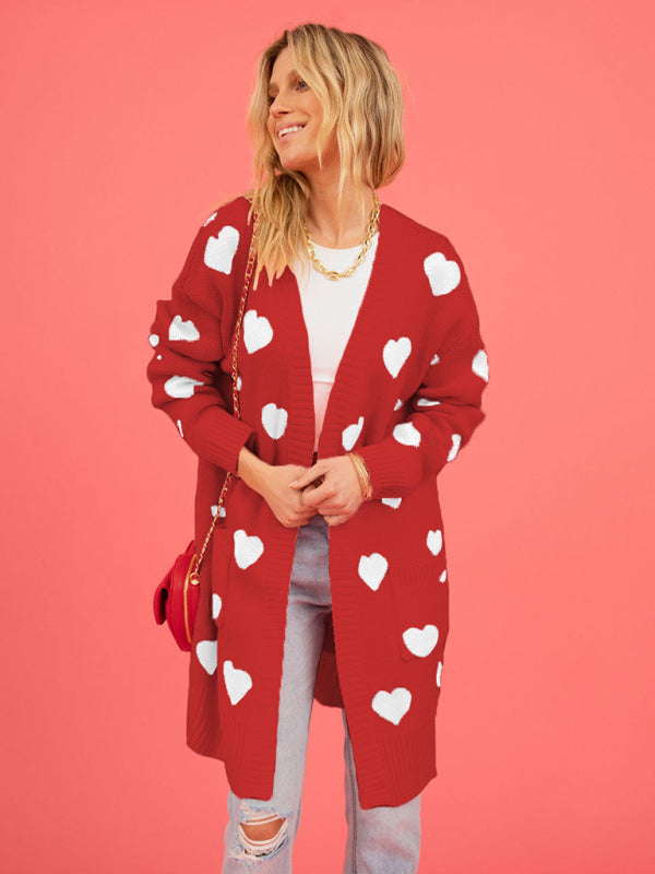 knitted love pocket V-neck mid-length cardigan kakaclo