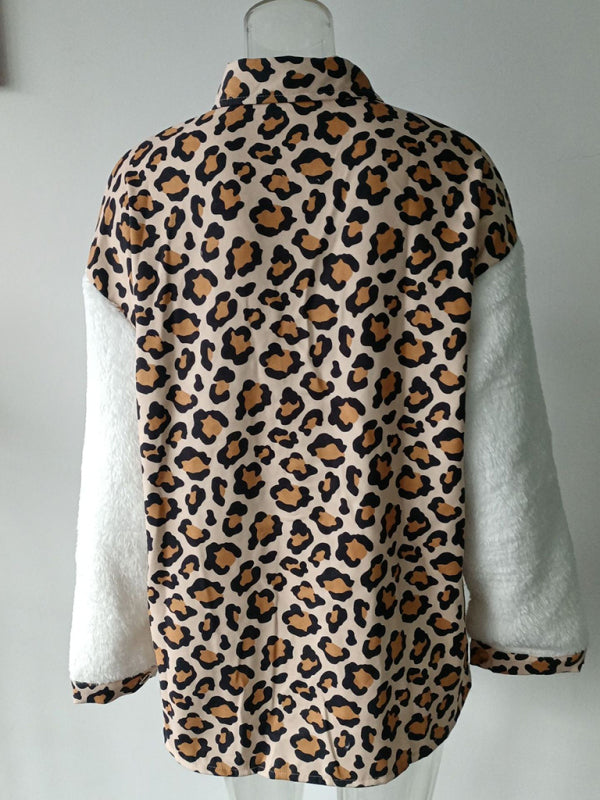 Leopard Plaid Print Plush Stitching Contrast Color Warm Long Sleeve Jacket kakaclo