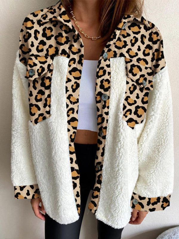 Leopard Plaid Print Plush Stitching Contrast Color Warm Long Sleeve Jacket kakaclo