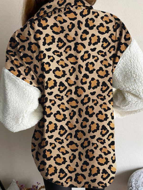Leopard Plaid Print Plush Stitching Contrast Color Warm Long Sleeve Jacket kakaclo