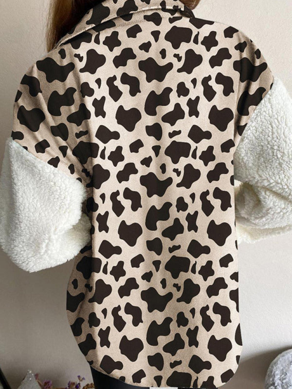 Leopard Plaid Print Plush Stitching Contrast Color Warm Long Sleeve Jacket kakaclo
