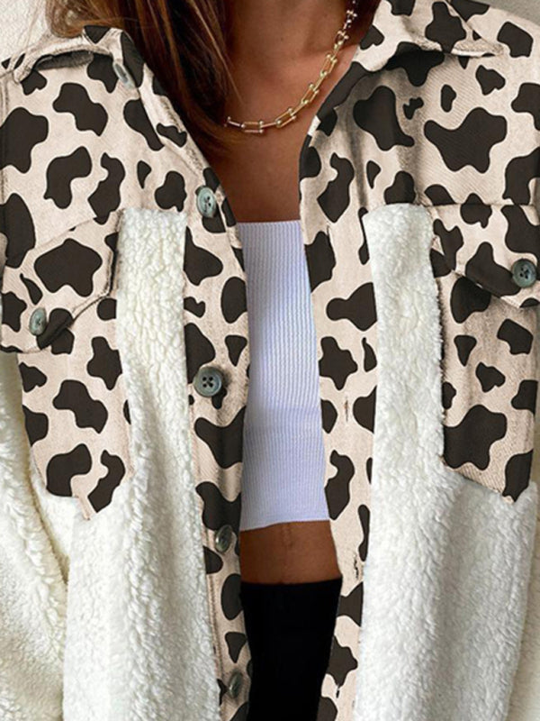Leopard Plaid Print Plush Stitching Contrast Color Warm Long Sleeve Jacket kakaclo
