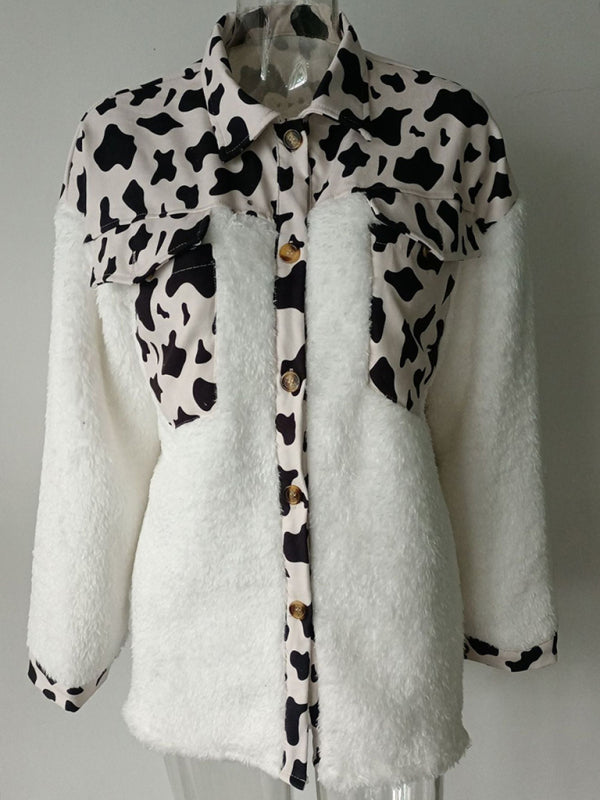 Leopard Plaid Print Plush Stitching Contrast Color Warm Long Sleeve Jacket kakaclo