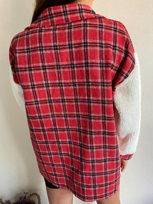 Leopard Plaid Print Plush Stitching Contrast Color Warm Long Sleeve Jacket kakaclo