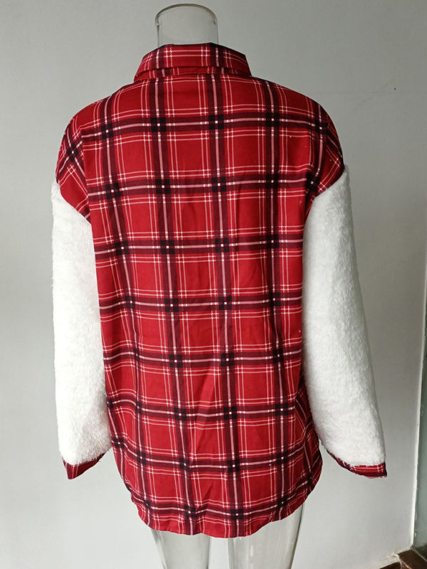 Leopard Plaid Print Plush Stitching Contrast Color Warm Long Sleeve Jacket kakaclo