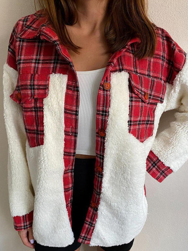 Leopard Plaid Print Plush Stitching Contrast Color Warm Long Sleeve Jacket kakaclo