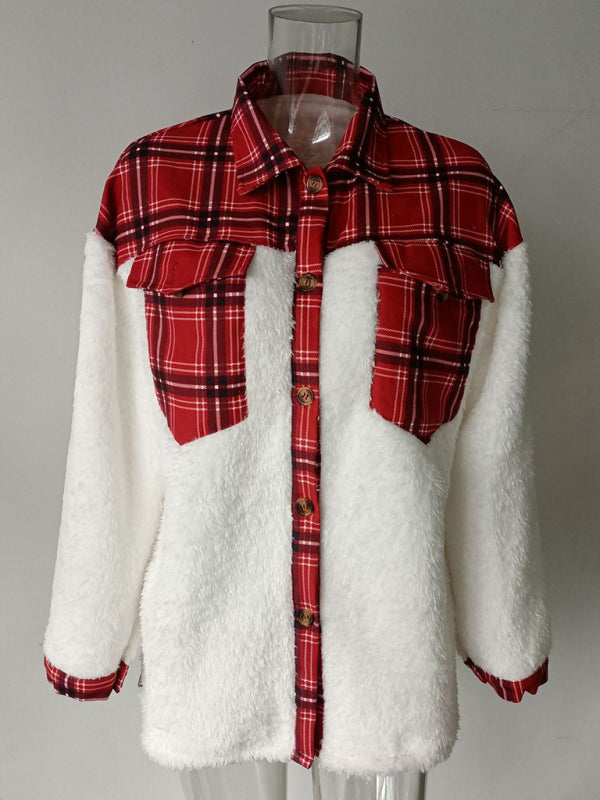Leopard Plaid Print Plush Stitching Contrast Color Warm Long Sleeve Jacket kakaclo