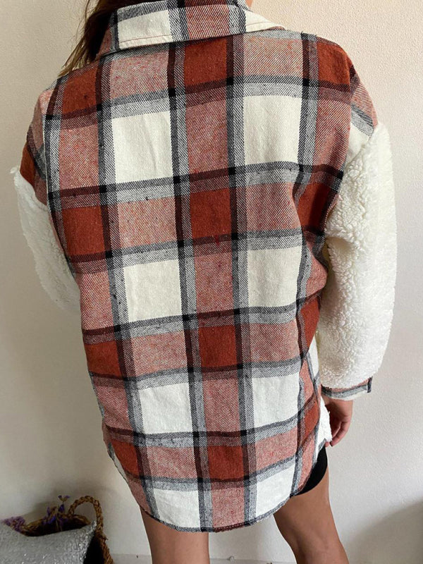 Leopard Plaid Print Plush Stitching Contrast Color Warm Long Sleeve Jacket kakaclo