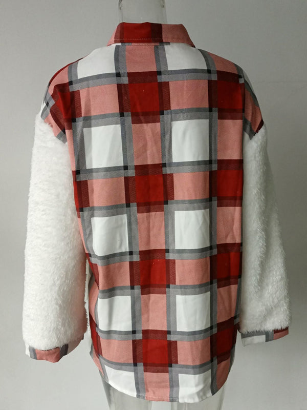 Leopard Plaid Print Plush Stitching Contrast Color Warm Long Sleeve Jacket kakaclo