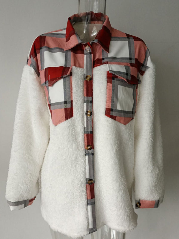Leopard Plaid Print Plush Stitching Contrast Color Warm Long Sleeve Jacket kakaclo