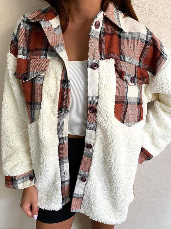 Leopard Plaid Print Plush Stitching Contrast Color Warm Long Sleeve Jacket kakaclo