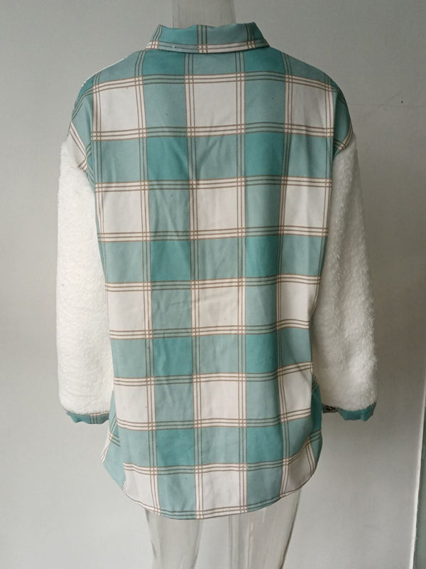 Leopard Plaid Print Plush Stitching Contrast Color Warm Long Sleeve Jacket kakaclo
