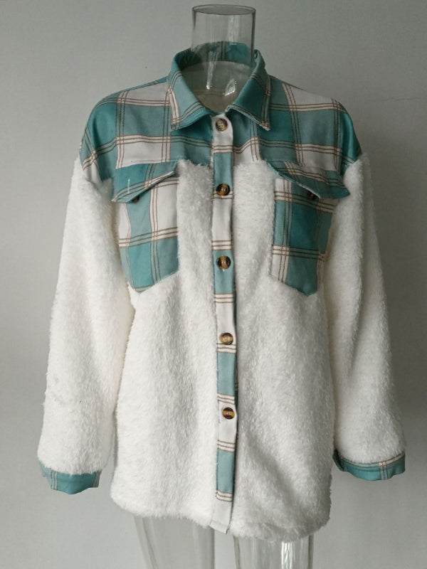 Leopard Plaid Print Plush Stitching Contrast Color Warm Long Sleeve Jacket kakaclo