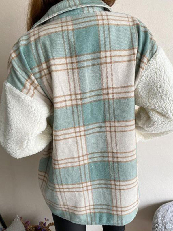 Leopard Plaid Print Plush Stitching Contrast Color Warm Long Sleeve Jacket kakaclo