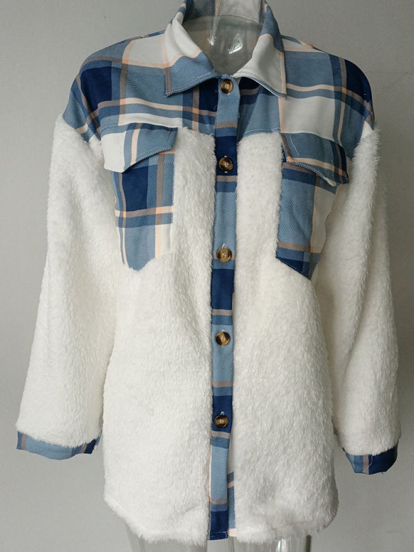 Leopard Plaid Print Plush Stitching Contrast Color Warm Long Sleeve Jacket kakaclo