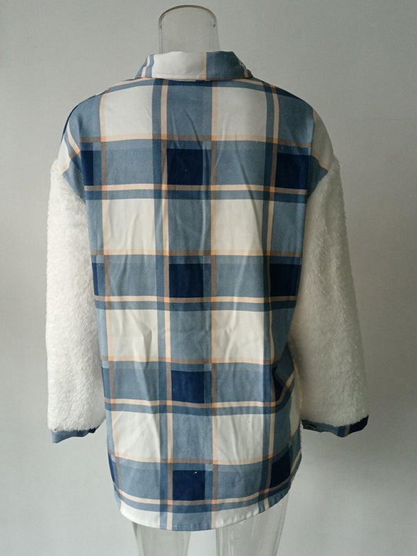 Leopard Plaid Print Plush Stitching Contrast Color Warm Long Sleeve Jacket kakaclo