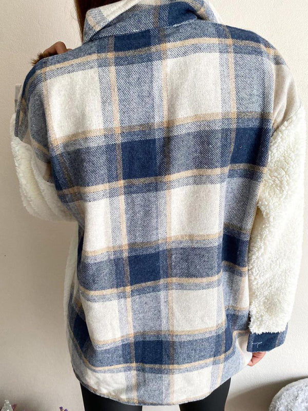 Leopard Plaid Print Plush Stitching Contrast Color Warm Long Sleeve Jacket kakaclo