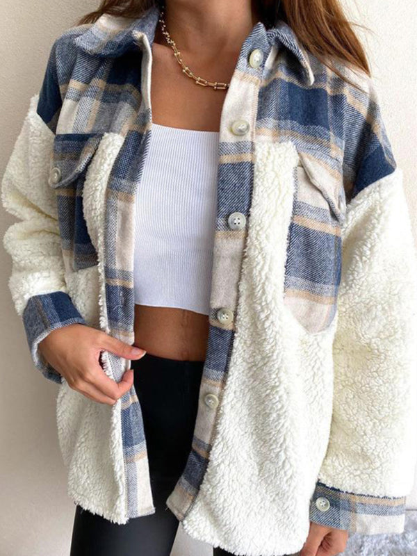 Leopard Plaid Print Plush Stitching Contrast Color Warm Long Sleeve Jacket kakaclo