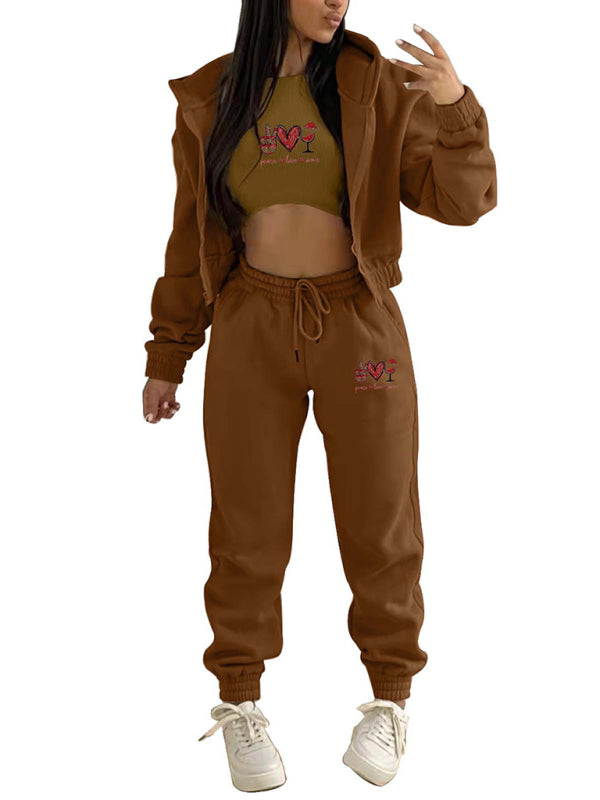 Valentine's Day Christmas love wine glass printed hooded sports and leisure suit (three-piece set) BLUE ZONE PLANET