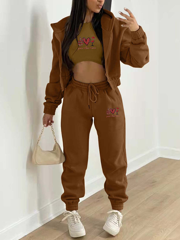 Valentine's Day Christmas love wine glass printed hooded sports and leisure suit (three-piece set) BLUE ZONE PLANET