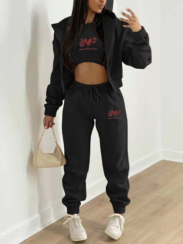 Valentine's Day Christmas love wine glass printed hooded sports and leisure suit (three-piece set) BLUE ZONE PLANET