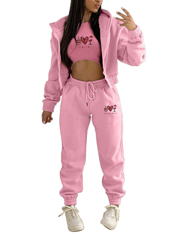 Valentine's Day Christmas love wine glass printed hooded sports and leisure suit (three-piece set) BLUE ZONE PLANET