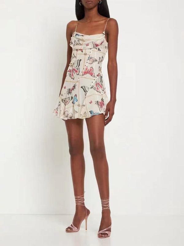 French style pure desire butterfly print spaghetti strap backless dress kakaclo