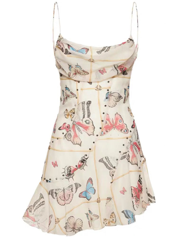 French style pure desire butterfly print spaghetti strap backless dress kakaclo