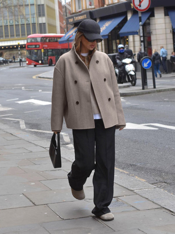 Retro Brown Woolen Jacket V-neck Commuting Warm Outerwear kakaclo