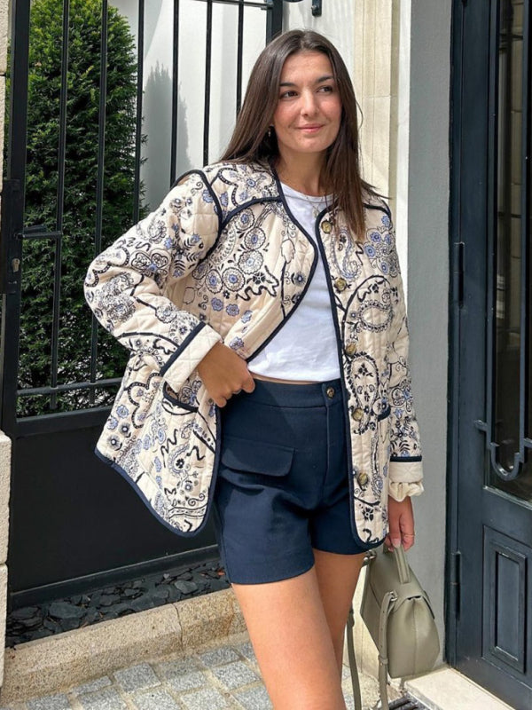 Blue Zone Planet | Retro patchwork printed O-neck long sleeve pocket short coat BLUE ZONE PLANET