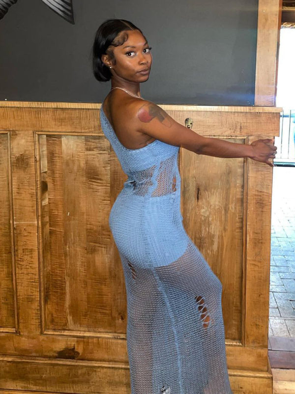 Blue Zone Planet | Beach vacation knitted cut out maxi dress BLUE ZONE PLANET