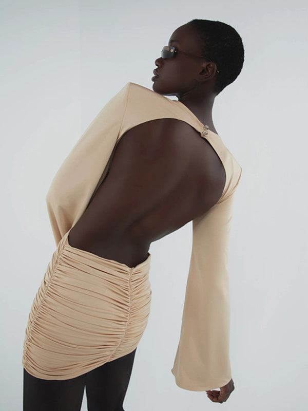 Elara V-neck backless floral pleated mini dress kakaclo