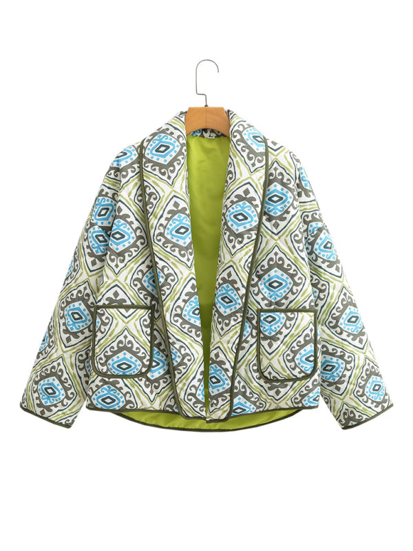 loose, slim, and versatile French V-neck long-sleeved printed cotton jacket kakaclo