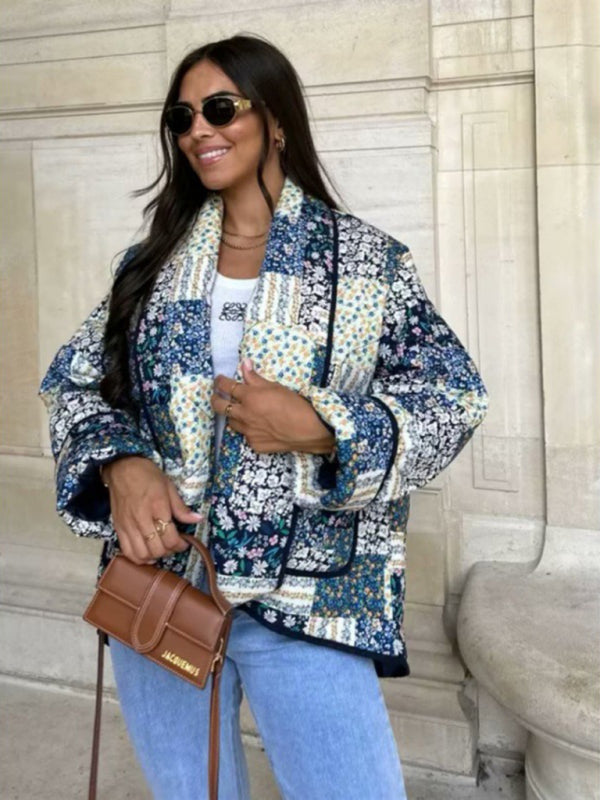 loose, slim, and versatile French V-neck long-sleeved printed cotton jacket kakaclo