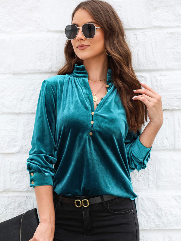 Blue Zone Planet | Bottoming Shirt able Stand Collar Long Sleeve Pullover Solid Color Top kakaclo