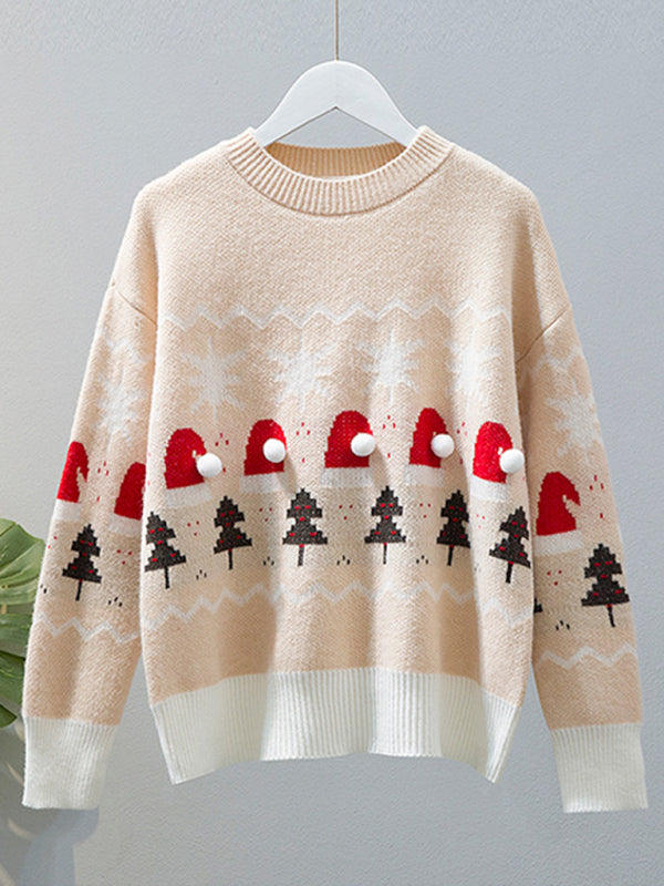 Christmas cute lazy style loose casual round neck pullover red sweater BLUE ZONE PLANET