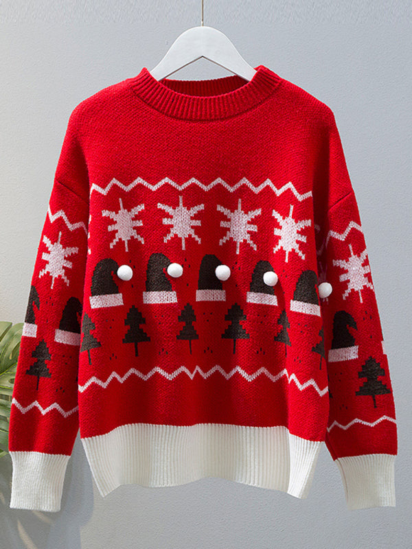 Christmas cute lazy style loose casual round neck pullover red sweater BLUE ZONE PLANET