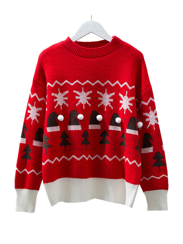 Christmas cute lazy style loose casual round neck pullover red sweater BLUE ZONE PLANET