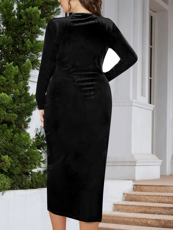 Gold velvet V-neck bodycon and sexy pleated wrap Christmas dress BLUE ZONE PLANET