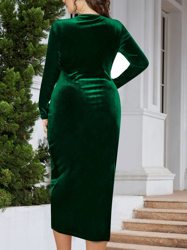 Gold velvet V-neck bodycon and sexy pleated wrap Christmas dress BLUE ZONE PLANET