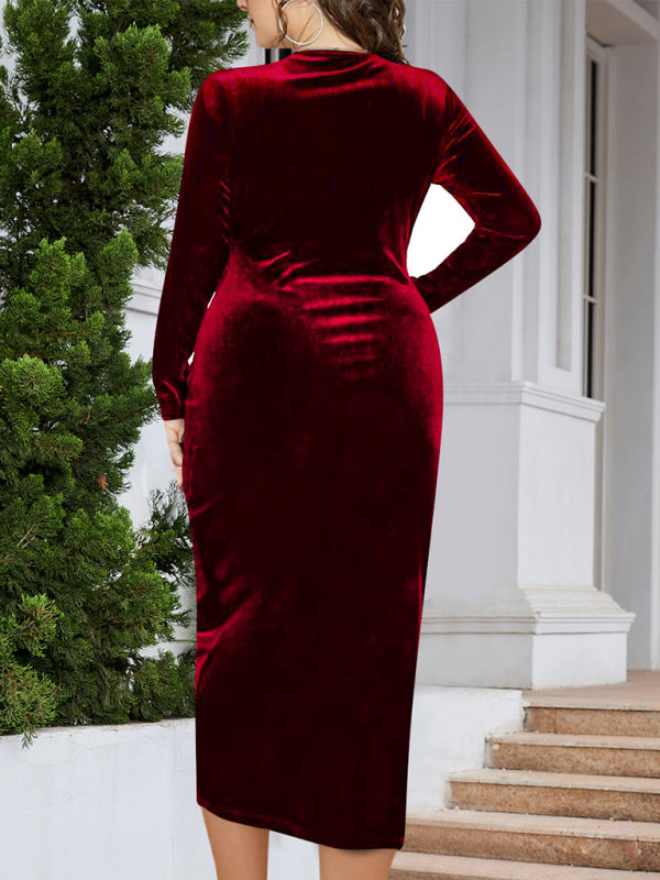 Gold velvet V-neck bodycon and sexy pleated wrap Christmas dress BLUE ZONE PLANET