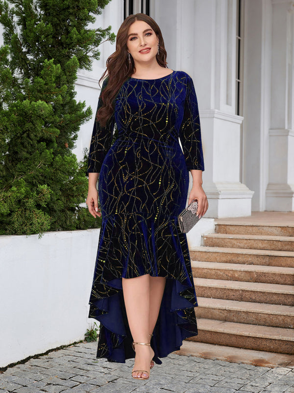 Three-quarter sleeve mermaid high-low hem maxi velvet dress BLUE ZONE PLANET