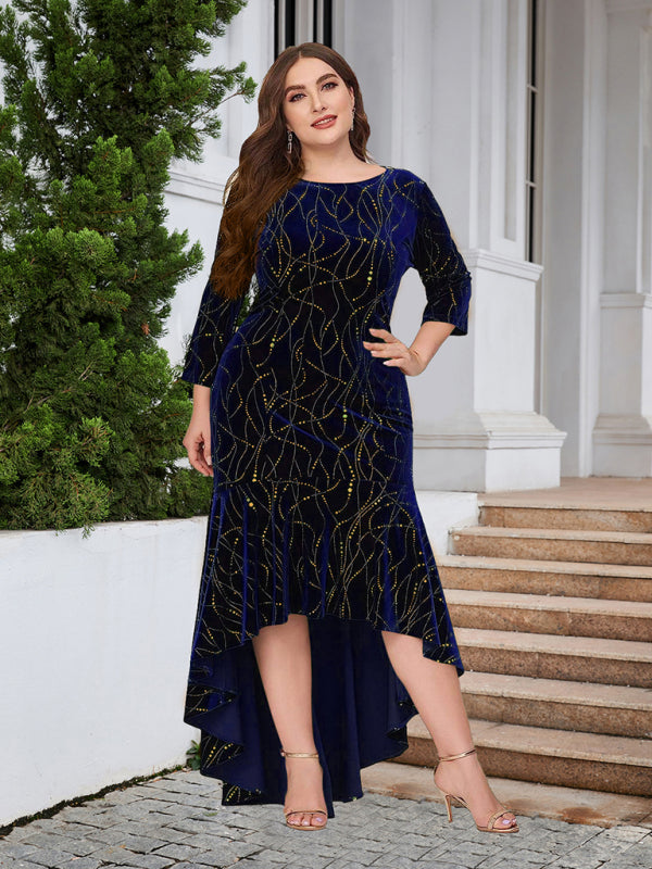Three-quarter sleeve mermaid high-low hem maxi velvet dress BLUE ZONE PLANET