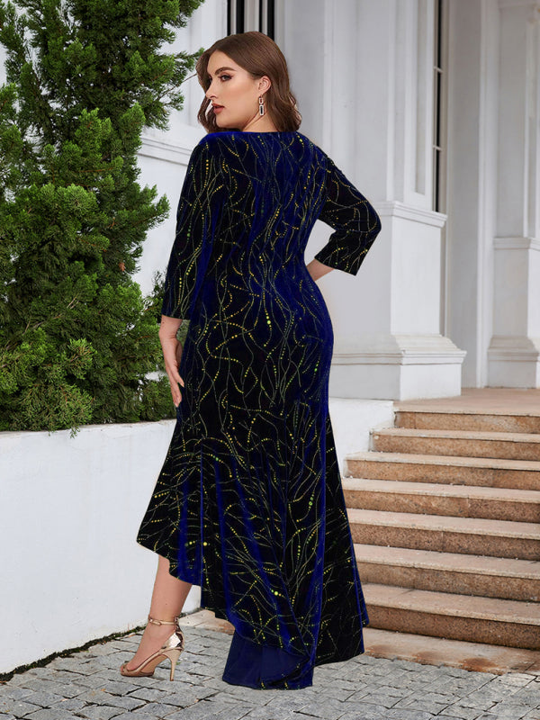 Three-quarter sleeve mermaid high-low hem maxi velvet dress BLUE ZONE PLANET