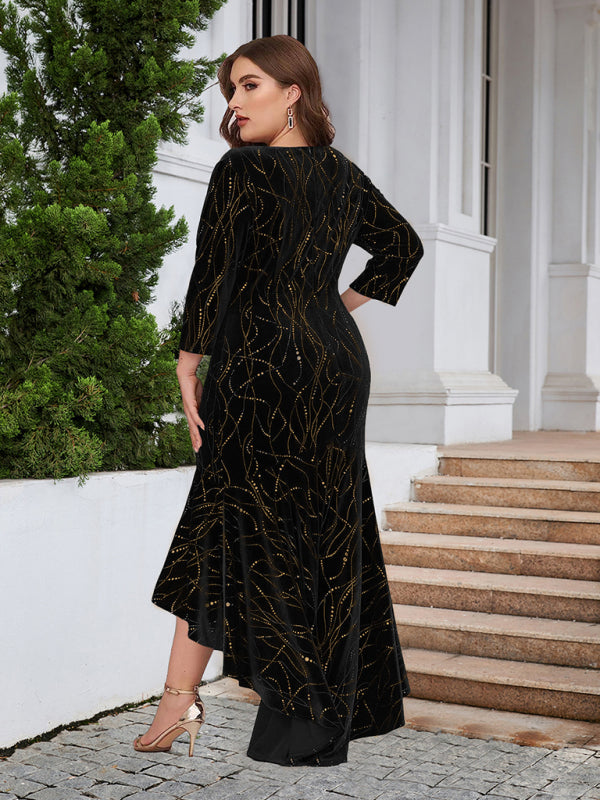 Three-quarter sleeve mermaid high-low hem maxi velvet dress BLUE ZONE PLANET
