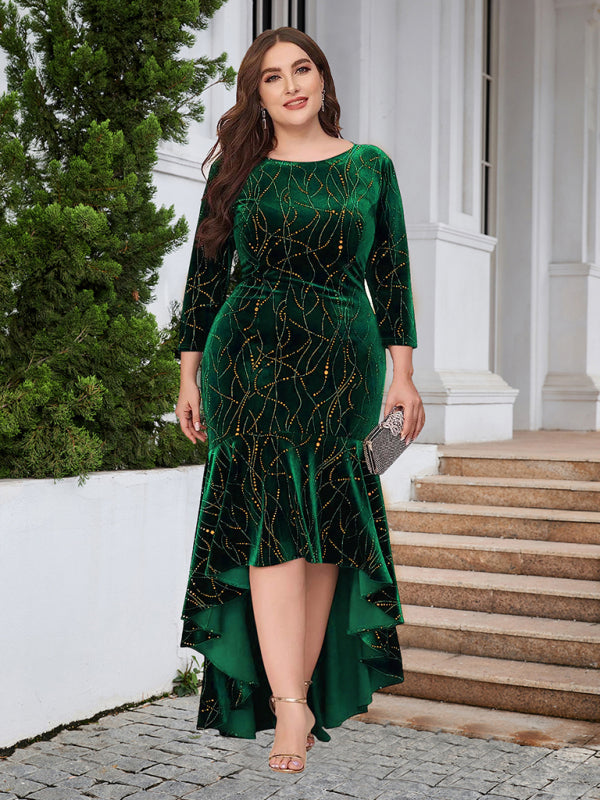 Three-quarter sleeve mermaid high-low hem maxi velvet dress BLUE ZONE PLANET