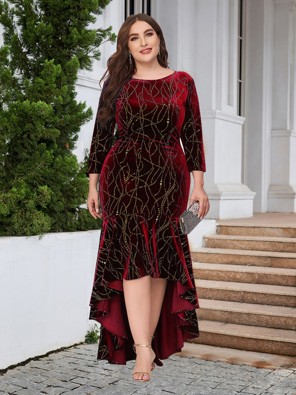 Three-quarter sleeve mermaid high-low hem maxi velvet dress BLUE ZONE PLANET