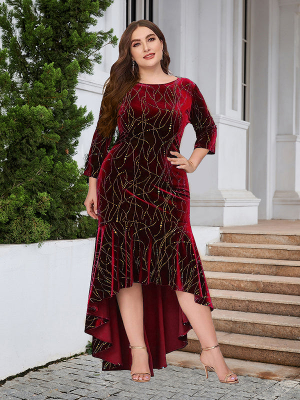 Three-quarter sleeve mermaid high-low hem maxi velvet dress BLUE ZONE PLANET