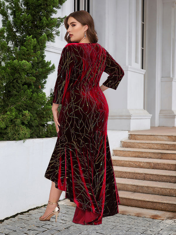 Three-quarter sleeve mermaid high-low hem maxi velvet dress BLUE ZONE PLANET