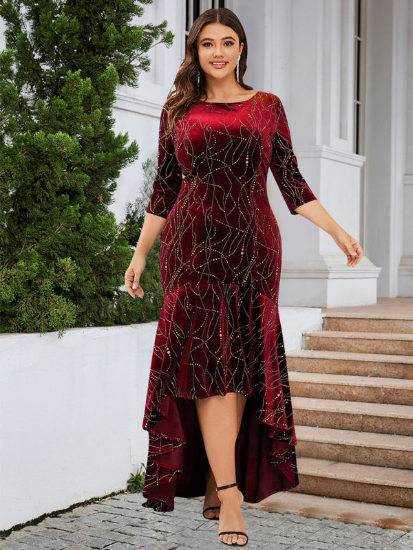 Three-quarter sleeve mermaid high-low hem maxi velvet dress BLUE ZONE PLANET